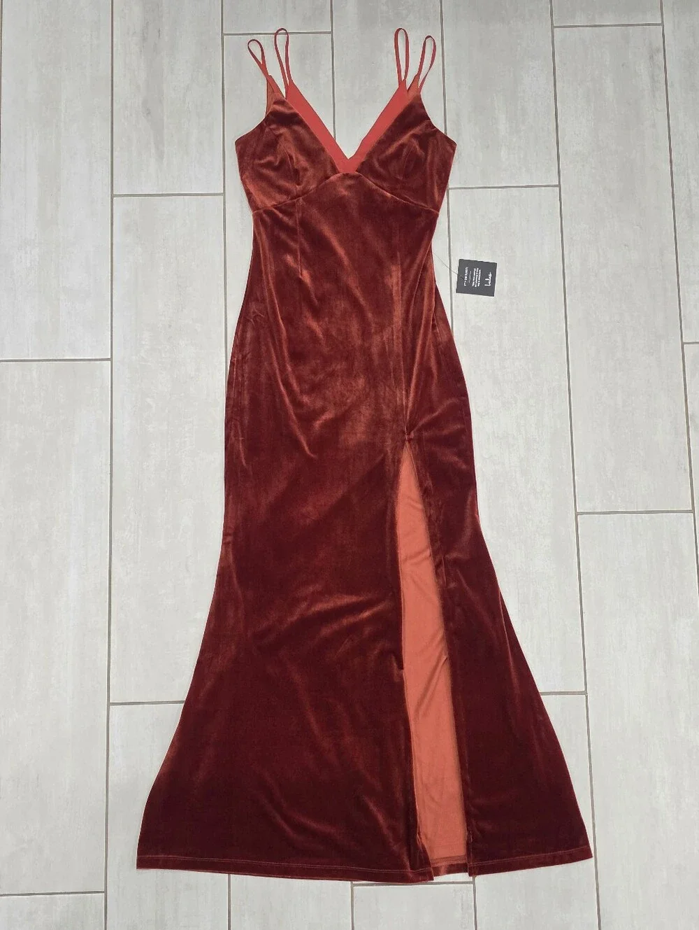 NWT LULUS Immensely Glam Rust Red Velvet Backless Maxi Dress Slit